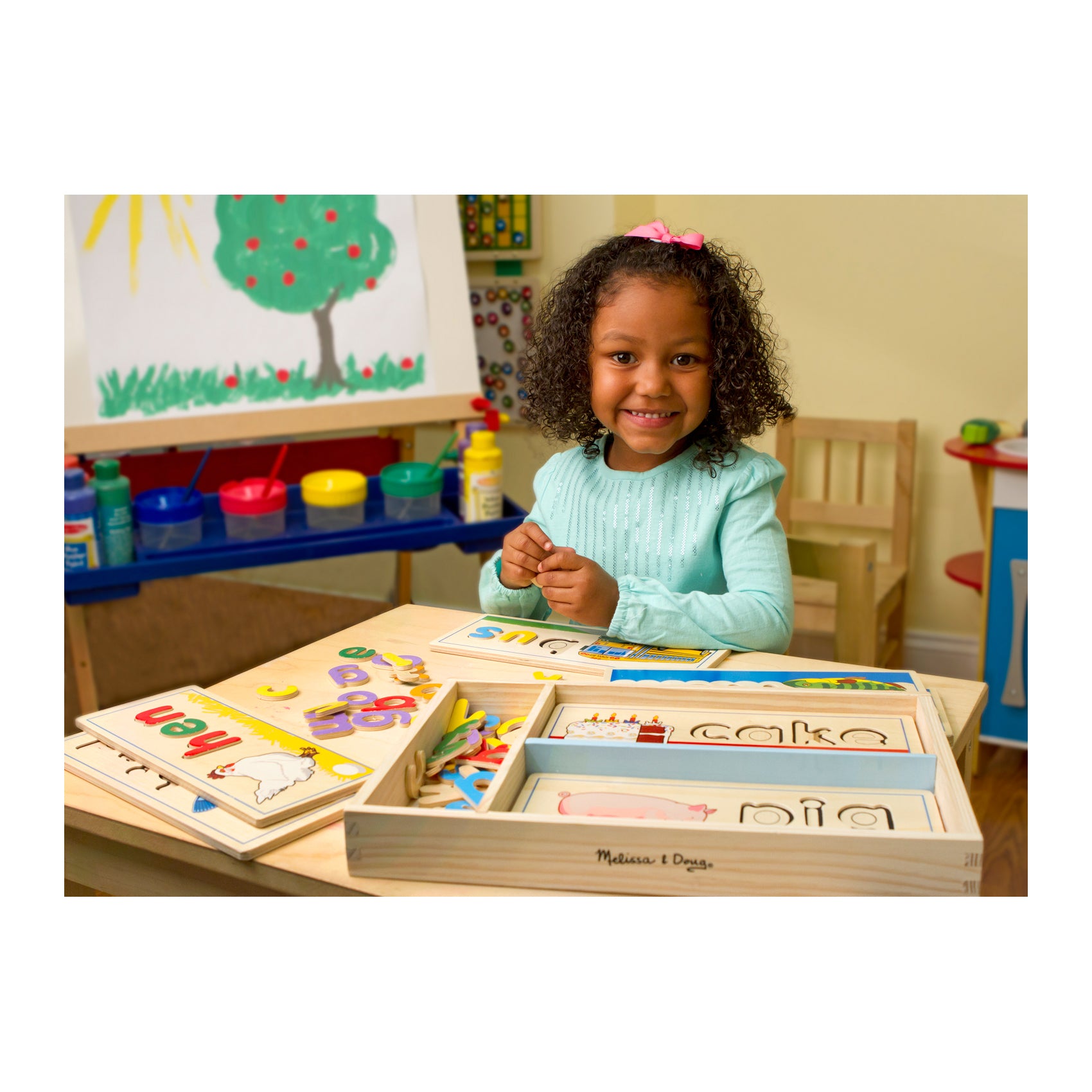 See & Spell wooden learning toy with colorful letter tiles and picture cards