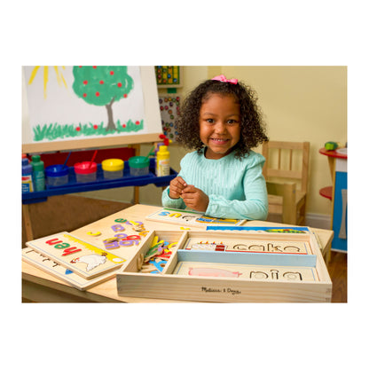 See & Spell wooden learning toy with colorful letter tiles and picture cards