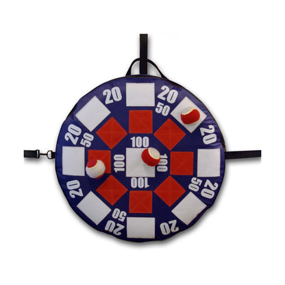 Blue circular dart board target with red and white checkered squares, scoring zones labeled 20-100, and two red velcro balls attached, includes black carrying s