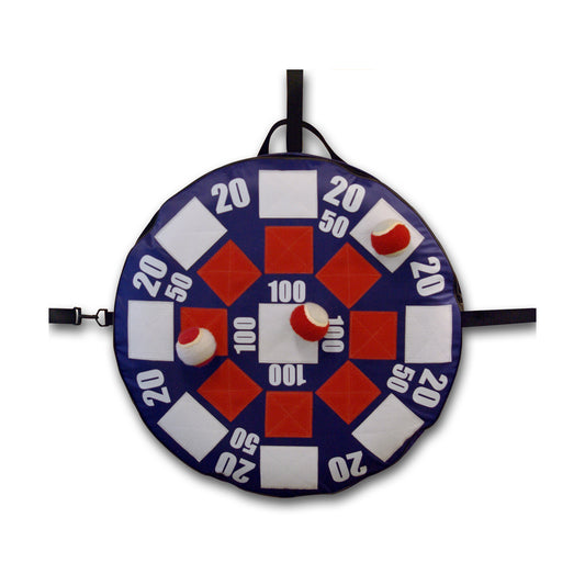 Blue circular dart board target with red and white checkered squares, scoring zones labeled 20-100, and two red velcro balls attached, includes black carrying s