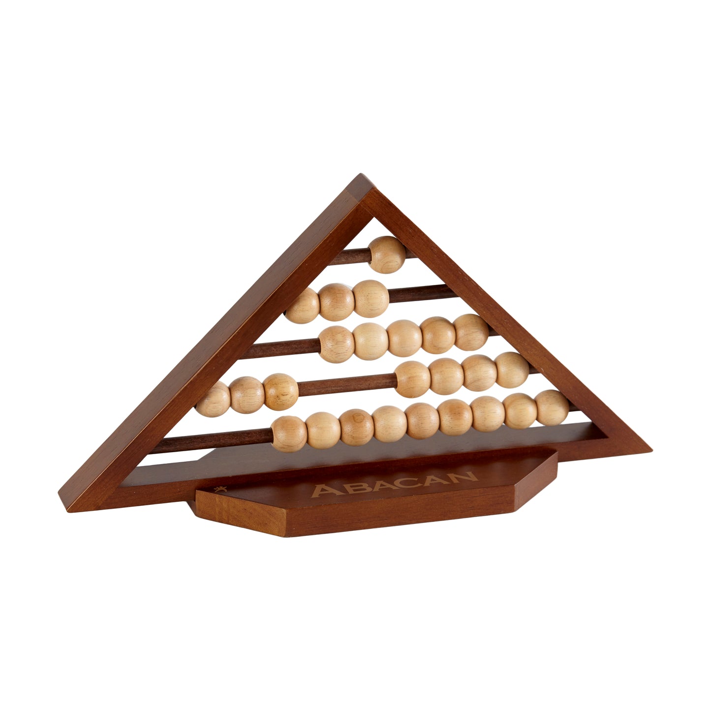 ABACAN wooden triangle bead slider game with natural wood beads on horizontal rods, displayed on white background