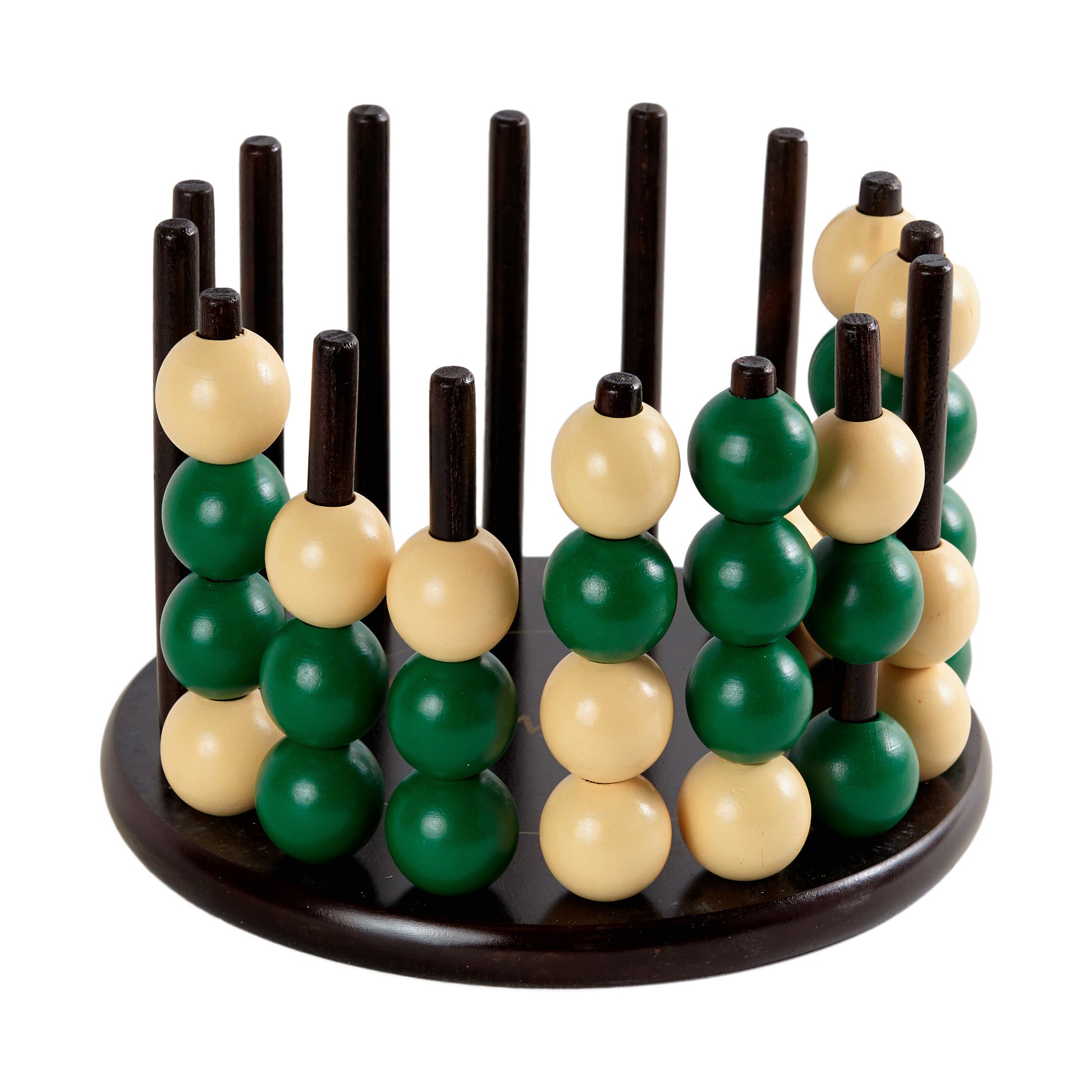 ETERNAS Classic strategy game with black wooden base, dark wooden pegs, and green and cream-colored spheres arranged in rows