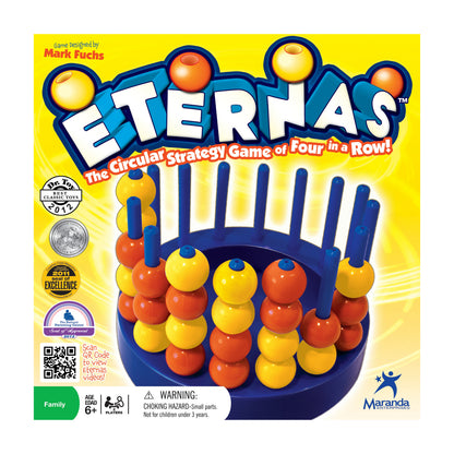 Eterras board game box showing blue game board with yellow and orange balls arranged in rows, blue pegs, and game title 'The Circular Strategy Game of Four in a