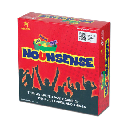 Nounsense board game box with red background, yellow title text, silhouettes of people with raised arms, and product details for the fast-paced party game