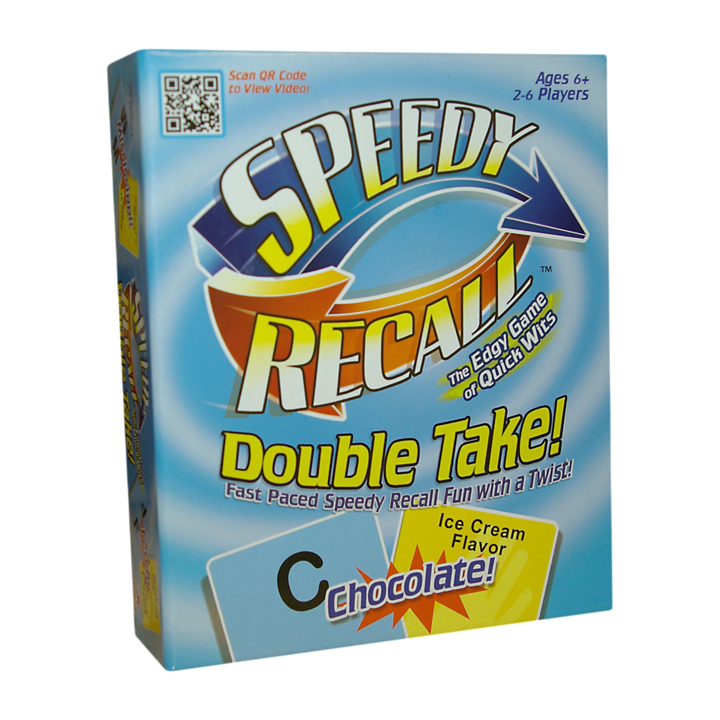 Speedy Recall Double Take board game box featuring blue and yellow logo, ages 6+, 2-6 players, ice cream chocolate flavor theme