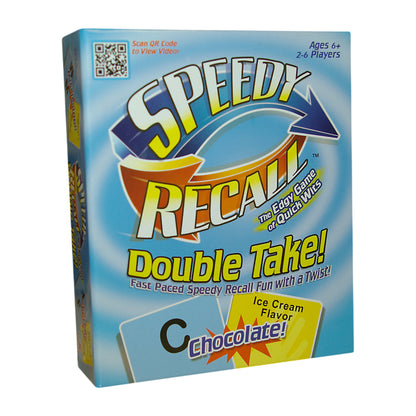 Speedy Recall Double Take board game box featuring blue and yellow logo, ages 6+, 2-6 players, ice cream chocolate flavor theme