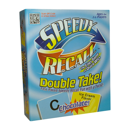 Speedy Recall Double Take board game box featuring blue and yellow logo, ages 6+, 2-6 players, ice cream chocolate flavor theme