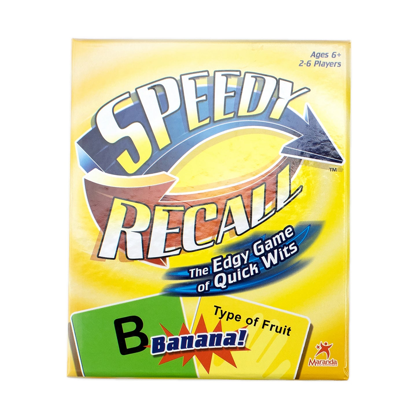 Speedy Recall board game box with yellow background, showing title logo and "The Edgy Game of Quick Wits" tagline, featuring "B Banana!" gameplay element