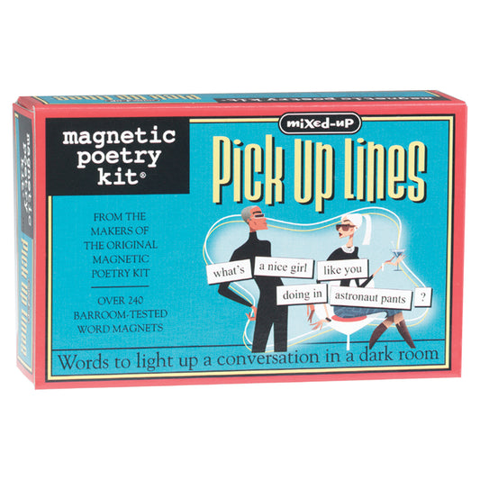 Magnetic Poetry Kit: Mixed-Up Pick Up Lines box with red border, turquoise background, and retro illustration of people. Over 240 word magnets for creating flir