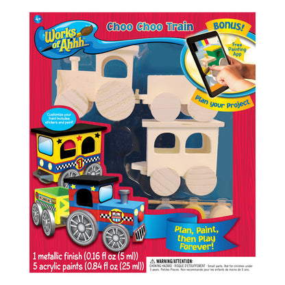 Works of Ahhh Choo Choo Train wood painting kit with unfinished wooden train cars and station house, includes 5 acrylic paints and metallic finish, shown with c