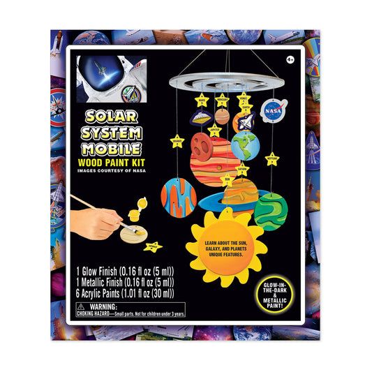 Solar System Mobile Wood Paint Kit box showing painted wooden planets and stars hanging from a mobile, with glow-in-the-dark and metallic paints included