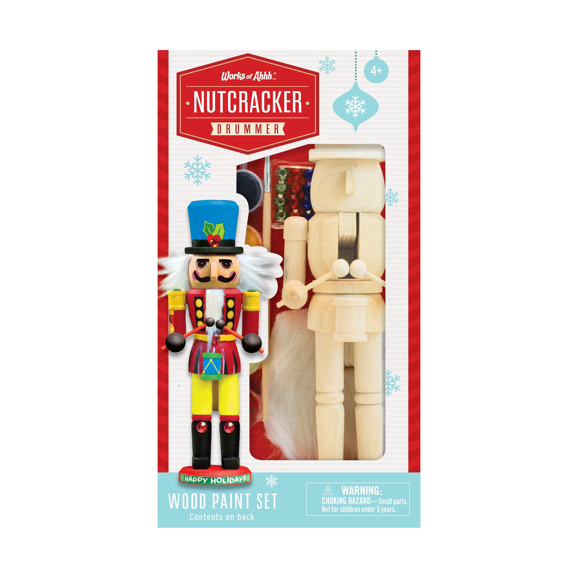 Works of Ahhh Nutcracker Drummer wood paint kit with unpainted wooden nutcracker figure and drummer pieces