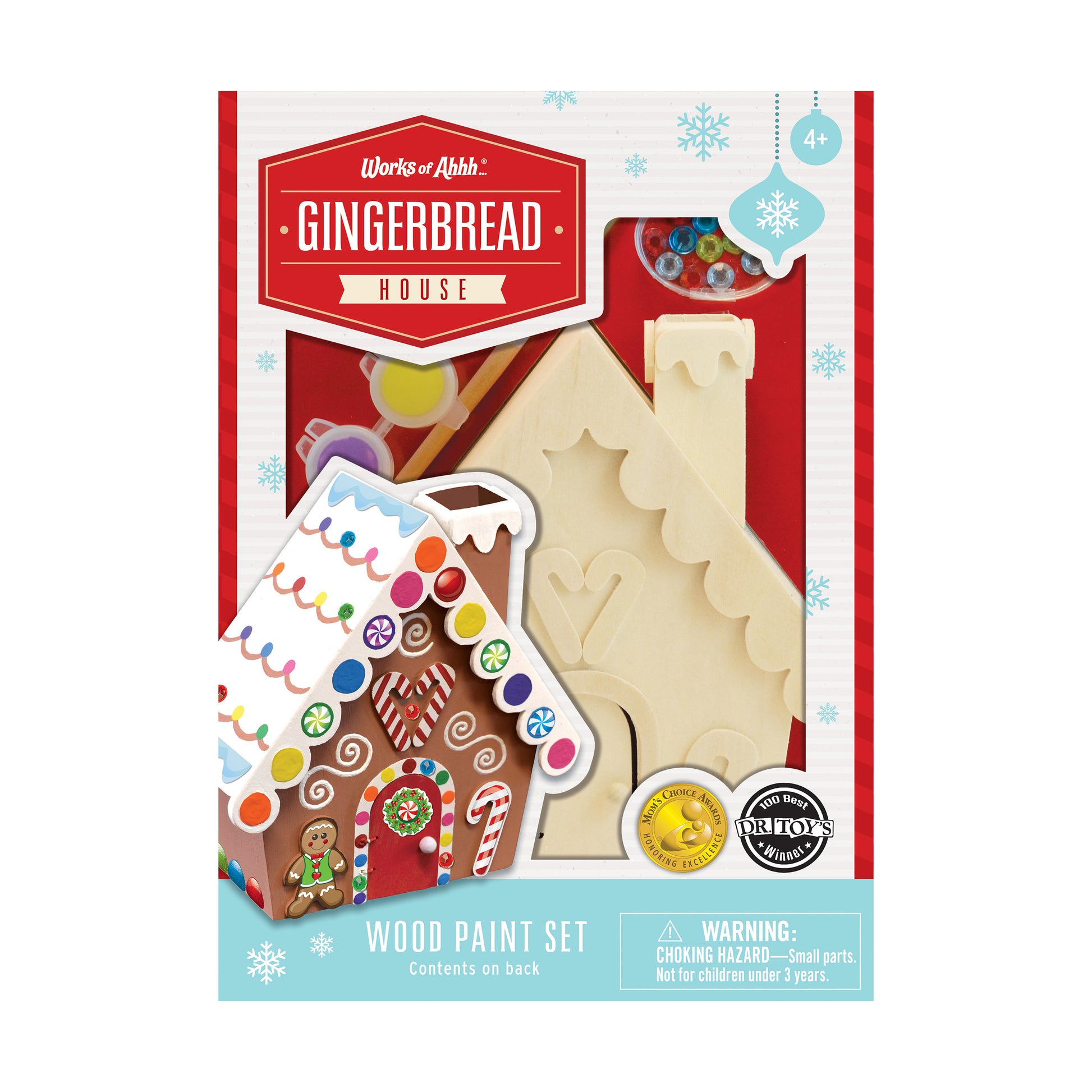 Works of Ahhh Gingerbread House Wood Paint Set with decorated gingerbread house, cream-colored stocking, paintbrushes, and colorful paint palette included