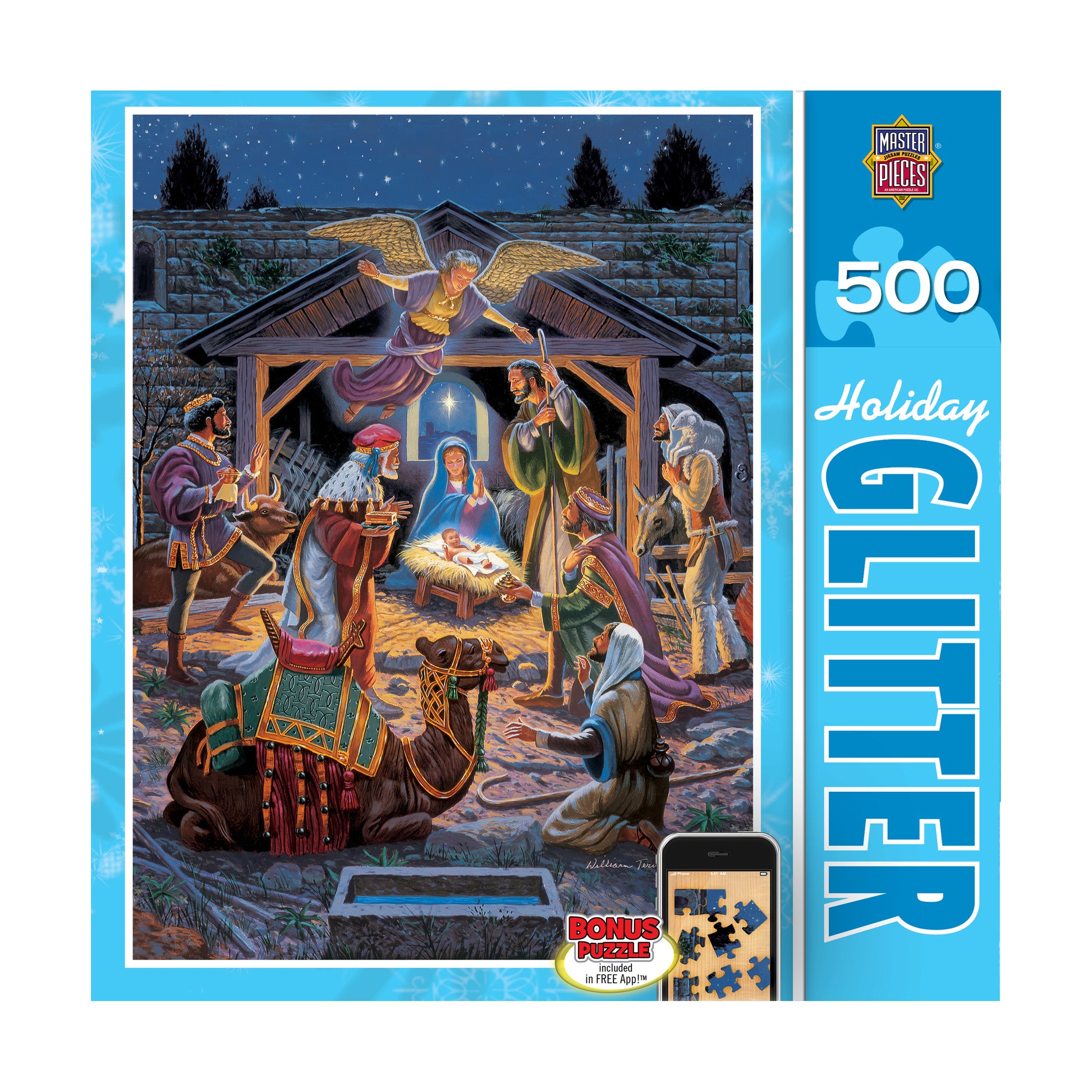 500-piece Holy Night nativity puzzle box featuring angel, wise men, and holy family in stable under starry night, Master Pieces brand