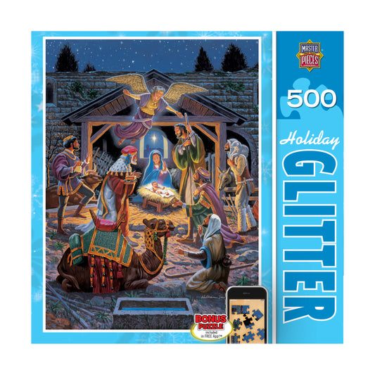 500-piece Holy Night nativity puzzle box featuring angel, wise men, and holy family in stable under starry night, Master Pieces brand