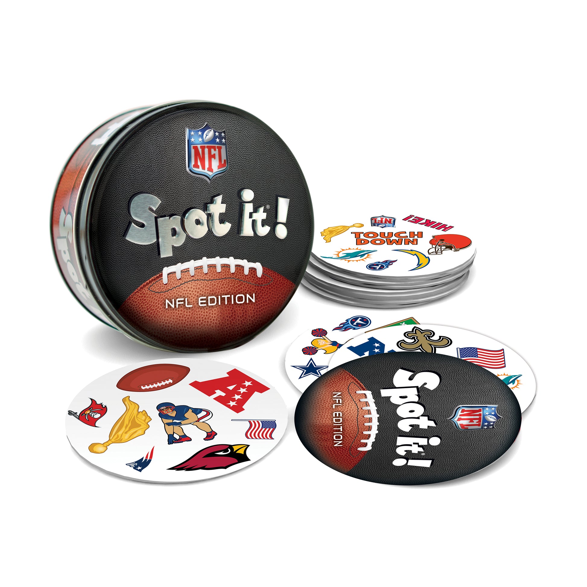 Spot it! NFL Edition card game with football-themed tin and colorful team logo cards