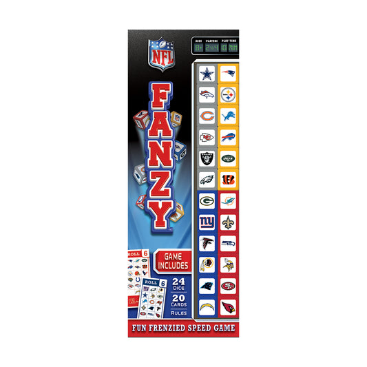 NFL Fanzly dice game box showing red logo, NFL team logos grid, dice and cards included, scoreboard display, described as fun frenzied speed game