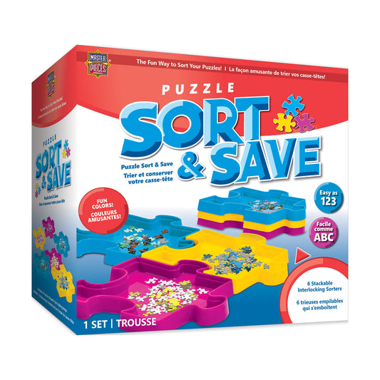 Master Pieces Puzzle Sort & Save set with 6 stackable interlocking puzzle piece-shaped trays in blue, yellow, and pink containing colorful puzzle pieces
