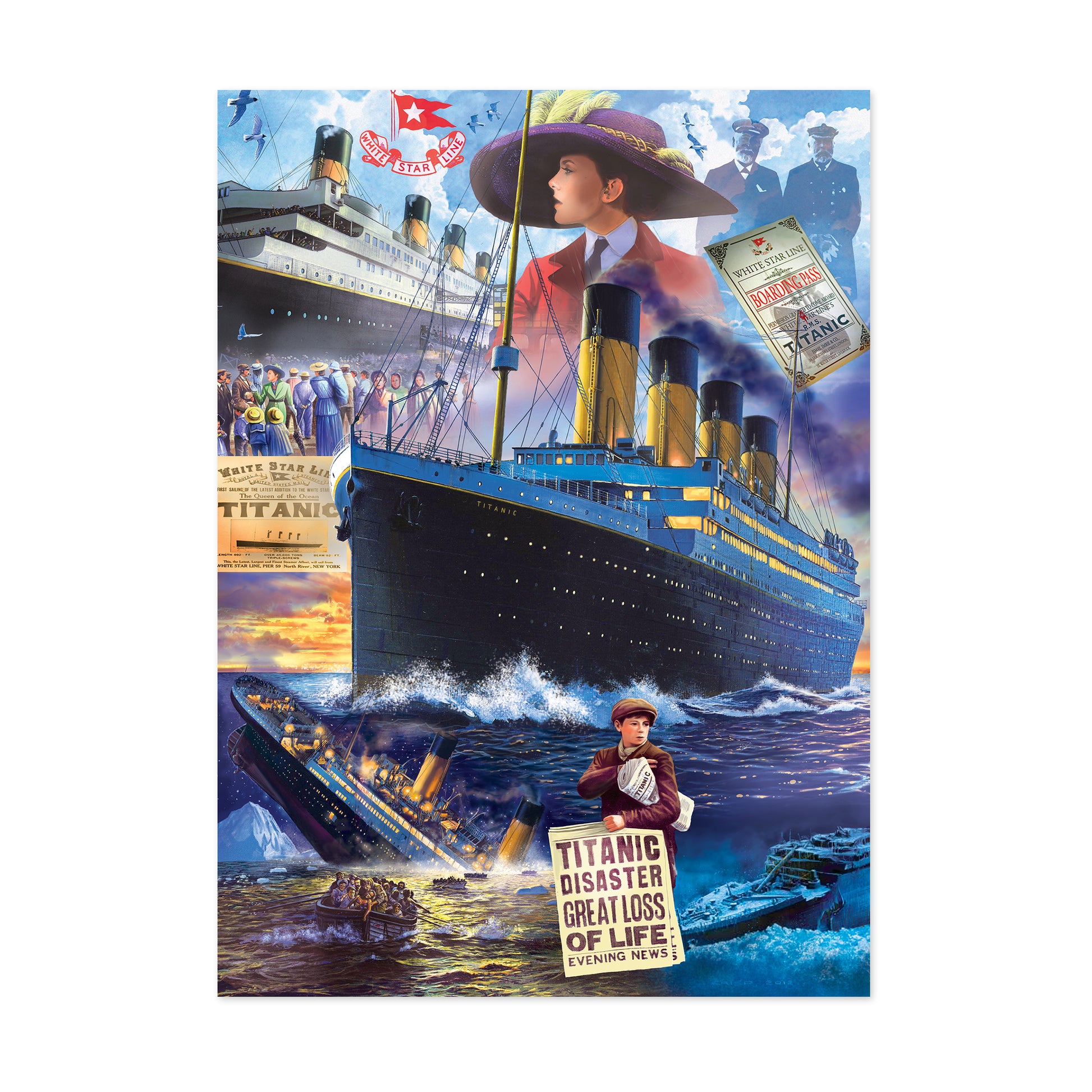 Titanic jigsaw puzzle box art featuring the ship, passengers boarding, crew members, a woman in period dress and hat, lifeboats in icy waters, vintage newspaper