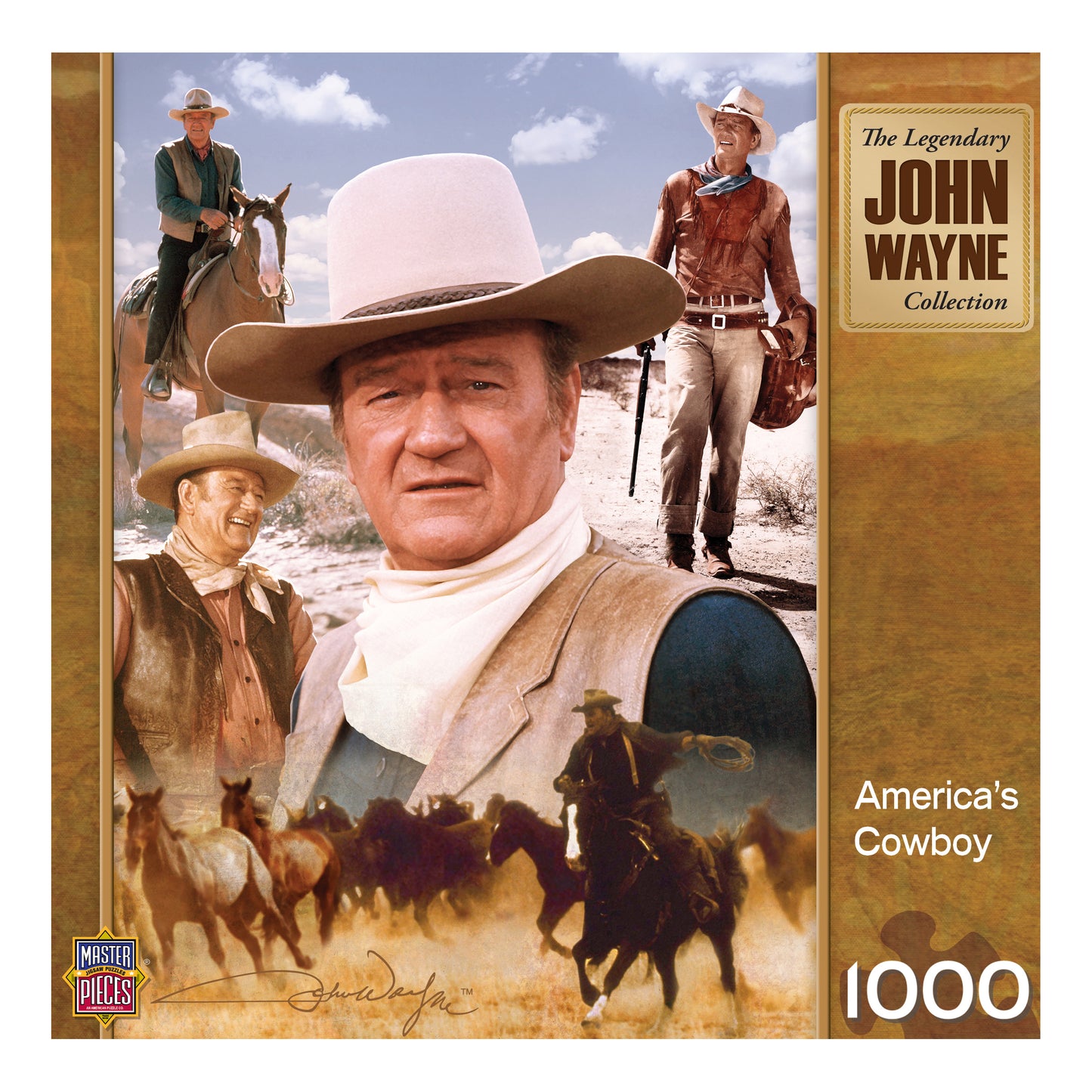 The Legendary John Wayne Collection 1000-piece jigsaw puzzle box featuring cowboy scenes with John Wayne in a tan hat and white neckerchief, horses, and desert