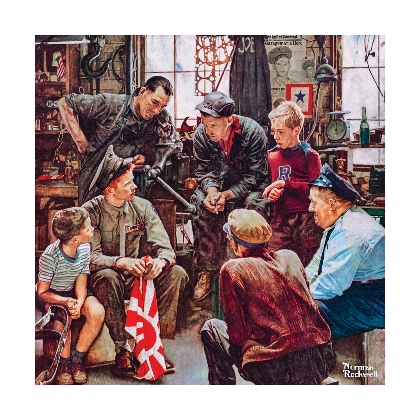 Norman Rockwell painting of a soldier showing children and adults a folded American flag in a garage workshop setting