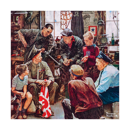 Norman Rockwell painting of a soldier showing children and adults a folded American flag in a garage workshop setting