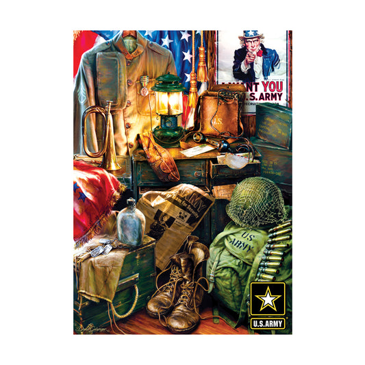 Jigsaw puzzle box art showing vintage military gear, uniforms, lanterns, boots, ammunition, and Uncle Sam recruitment poster with American flag backdrop