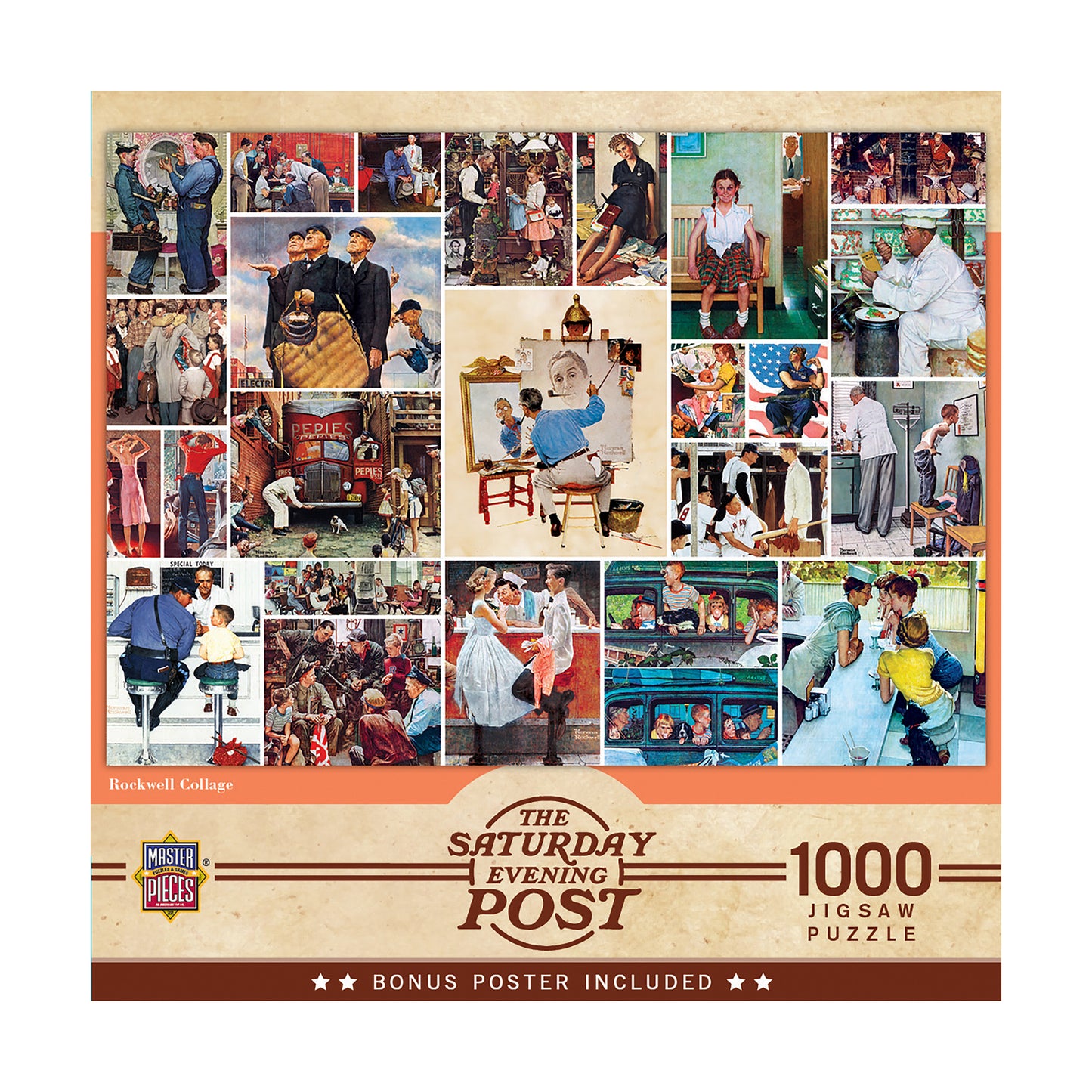 Rockwell Collage 1000-piece jigsaw puzzle box featuring Norman Rockwell illustrations of mid-century American scenes, bonus poster included