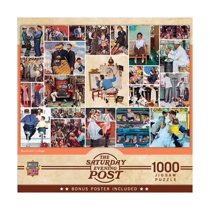 Rockwell Collage 1000-piece jigsaw puzzle box featuring Norman Rockwell illustrations of mid-century American scenes, bonus poster included
