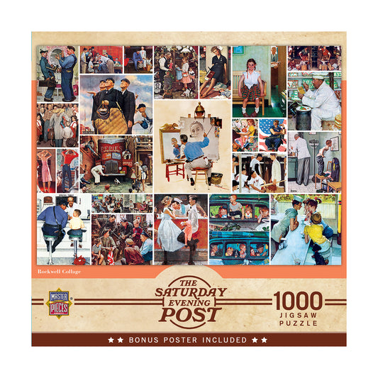 Rockwell Collage 1000-piece jigsaw puzzle box featuring Norman Rockwell illustrations of mid-century American scenes, bonus poster included