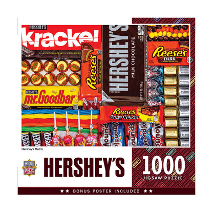 Hershey's 1000-piece jigsaw puzzle box featuring Hershey's chocolate candies including Krackel, Reese's, Mr. Goodbar, and Hershey's Kisses arranged on brown pat