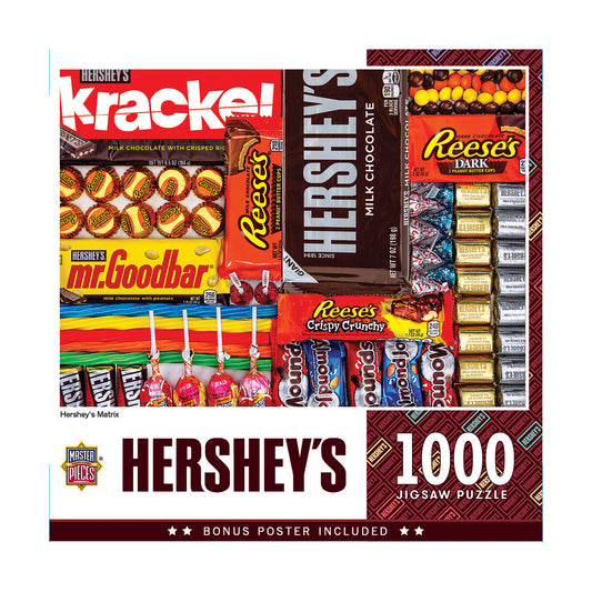 Hershey's 1000-piece jigsaw puzzle box featuring Hershey's chocolate candies including Krackel, Reese's, Mr. Goodbar, and Hershey's Kisses arranged on brown pat