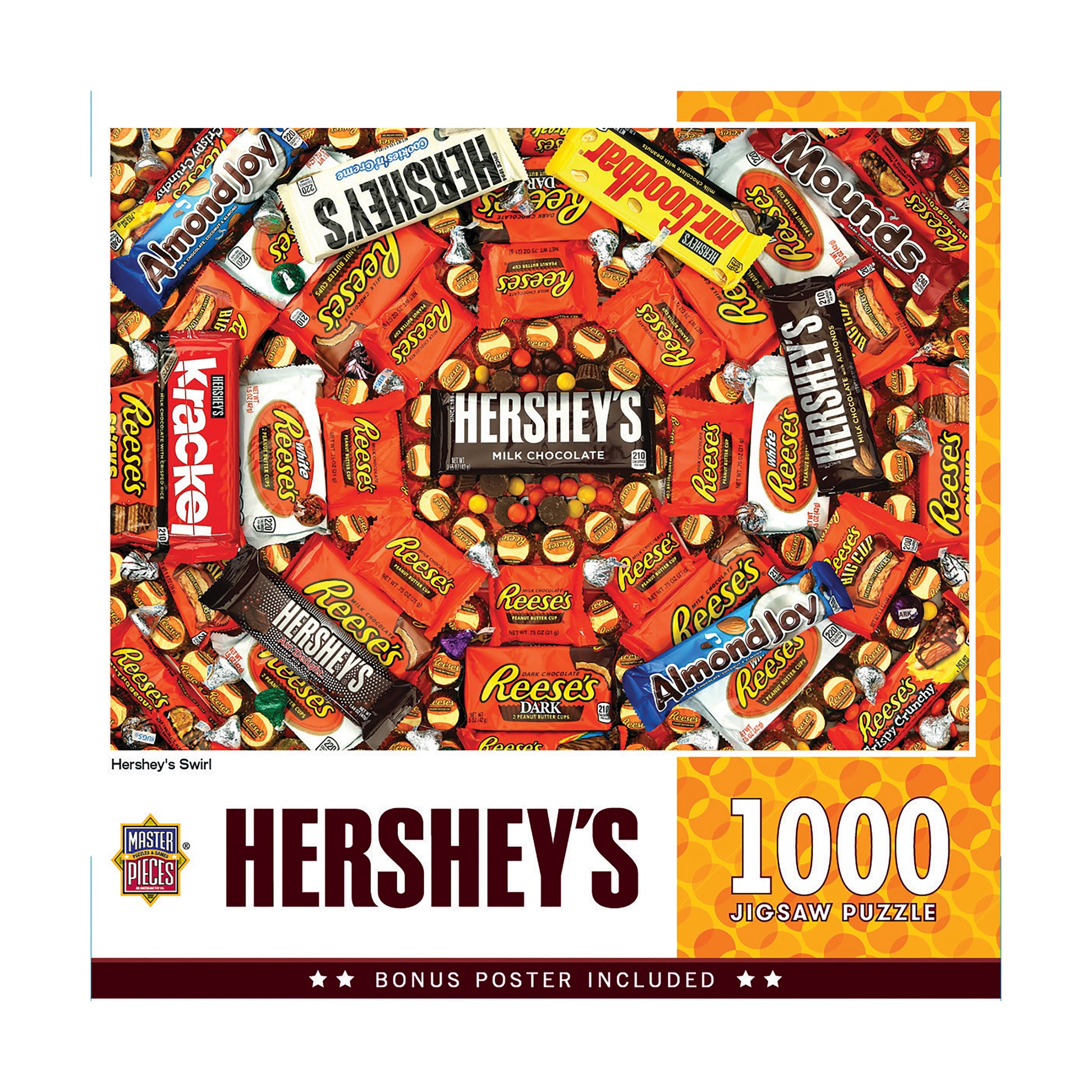 Hershey's Swirl 1000-piece jigsaw puzzle box showing colorful arrangement of Hershey's, Reese's, and Almond Joy chocolate candy wrappers with bonus poster inclu