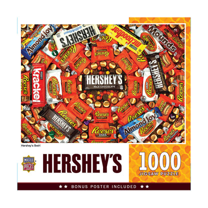 Hershey's Swirl 1000-piece jigsaw puzzle box showing colorful arrangement of Hershey's, Reese's, and Almond Joy chocolate candy wrappers with bonus poster inclu
