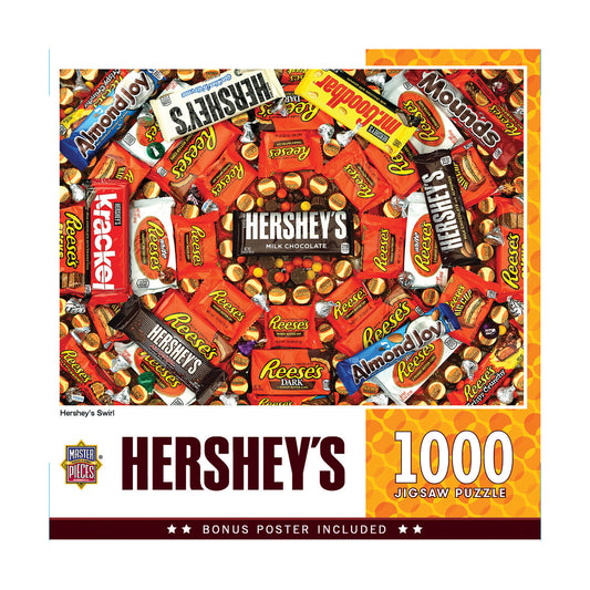 Hershey's Swirl 1000-piece jigsaw puzzle box showing colorful arrangement of Hershey's, Reese's, and Almond Joy chocolate candy wrappers with bonus poster inclu