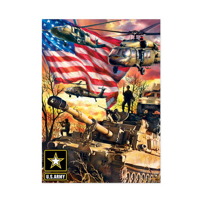 U.S. Army Firepower jigsaw puzzle box featuring military helicopters, tank, soldiers, and American flag against dramatic sunset sky