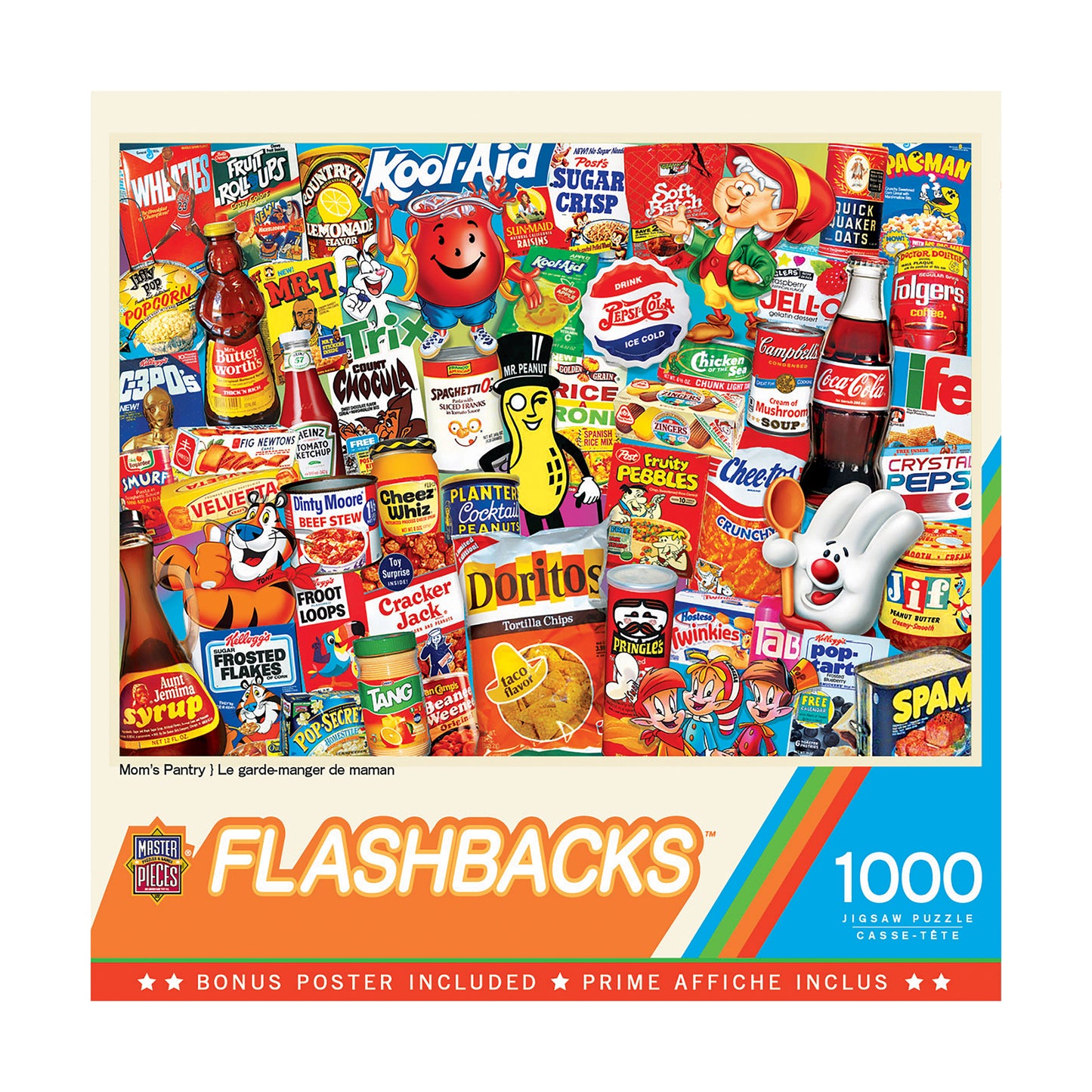 MasterPieces Flashbacks 1000-piece jigsaw puzzle box featuring Mom's Pantry nostalgic collage of vintage food and beverage brand mascots and packaging including
