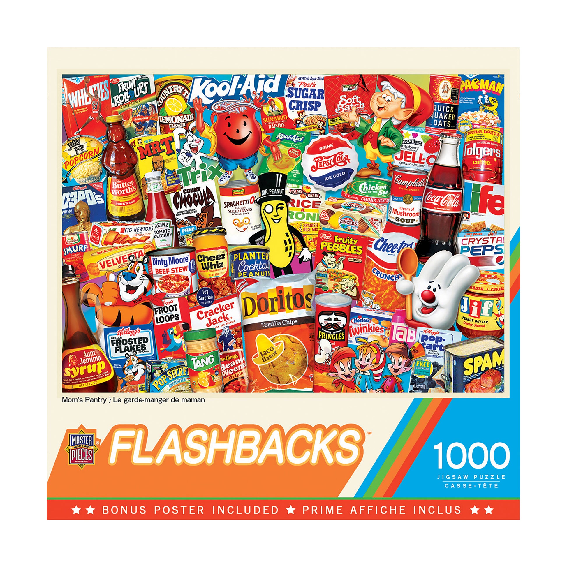 MasterPieces Flashbacks 1000-piece jigsaw puzzle box featuring Mom's Pantry nostalgic collage of vintage food and beverage brand mascots and packaging including