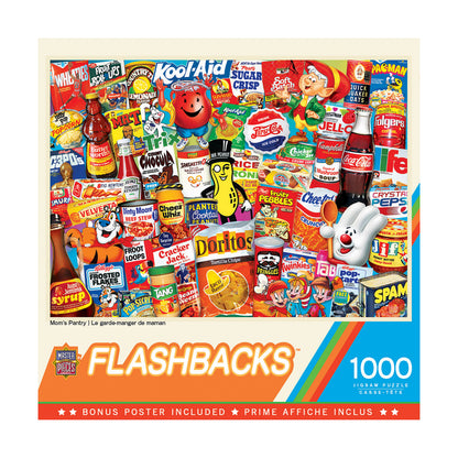 MasterPieces Flashbacks 1000-piece jigsaw puzzle box featuring Mom's Pantry nostalgic collage of vintage food and beverage brand mascots and packaging including