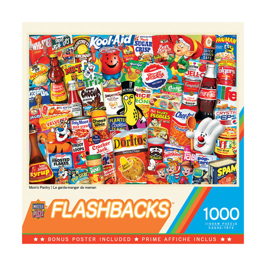 MasterPieces Flashbacks 1000-piece jigsaw puzzle box featuring Mom's Pantry nostalgic collage of vintage food and beverage brand mascots and packaging including