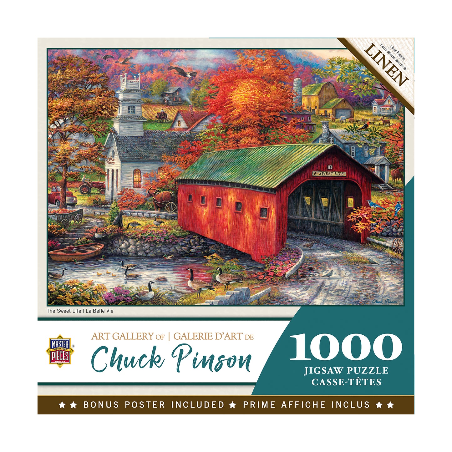 Chuck Pinson Art Gallery 1000-piece jigsaw puzzle box featuring autumn landscape with red covered bridge, white church, and farmhouses surrounded by fall foliag