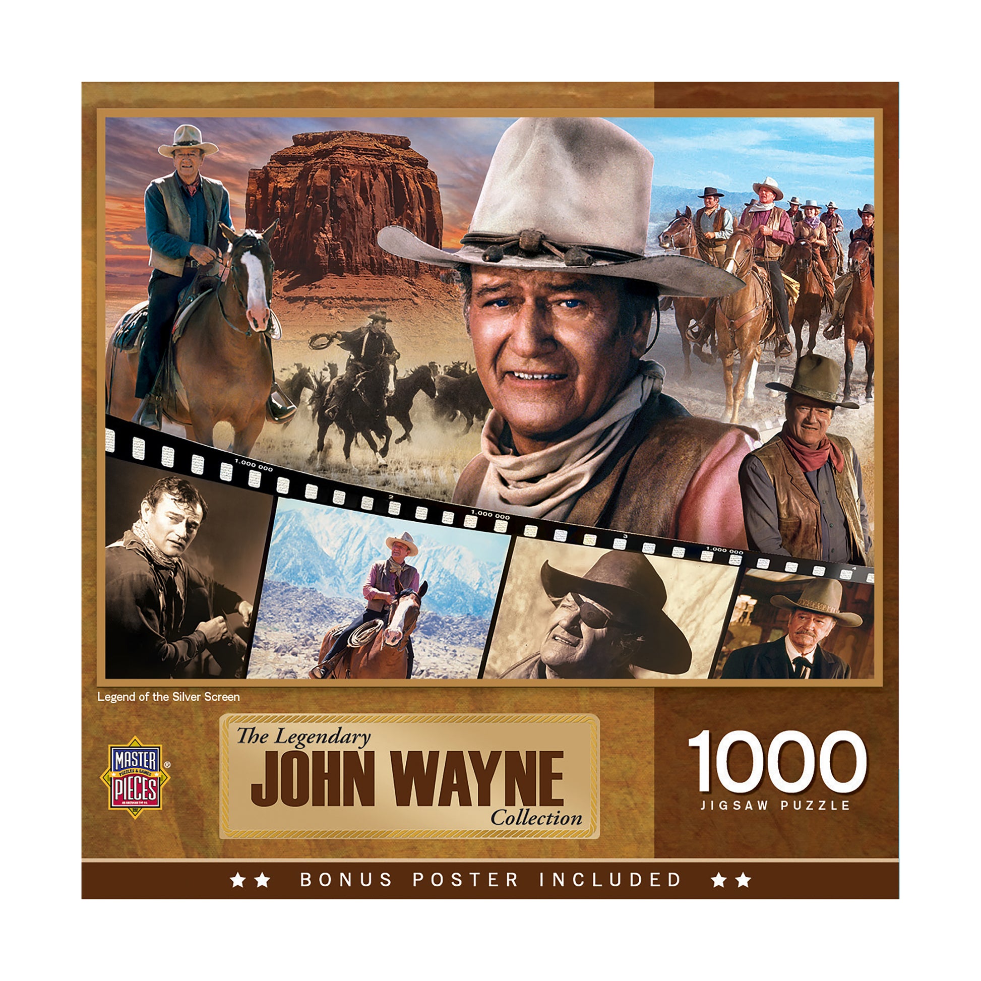 The Legendary John Wayne Collection 1000-piece jigsaw puzzle box featuring classic Western movie scenes and portraits, Master Pieces brand, bonus poster include