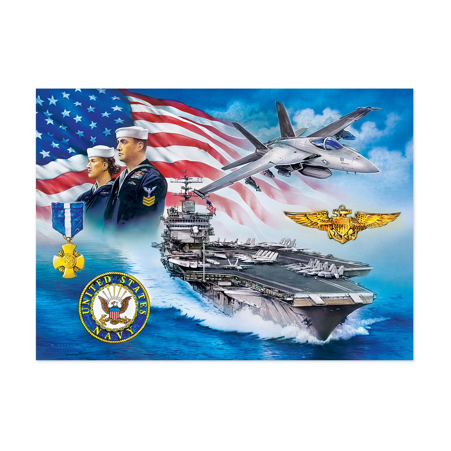 1000-piece jigsaw puzzle featuring U.S. Navy imagery including American flag, naval personnel, fighter jet, aircraft carrier, military medals, and Navy insignia