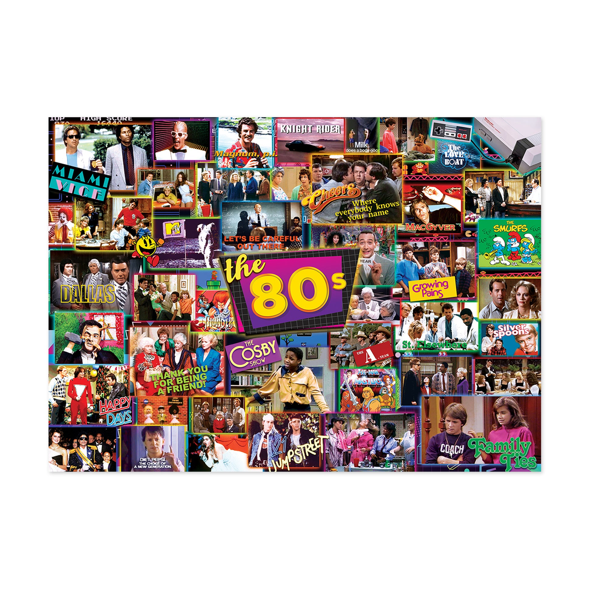 1000-piece jigsaw puzzle featuring a collage of iconic 1980s TV show scenes and logos including Miami Vice, Knight Rider, The Cosby Show, Dallas, Happy Days, an
