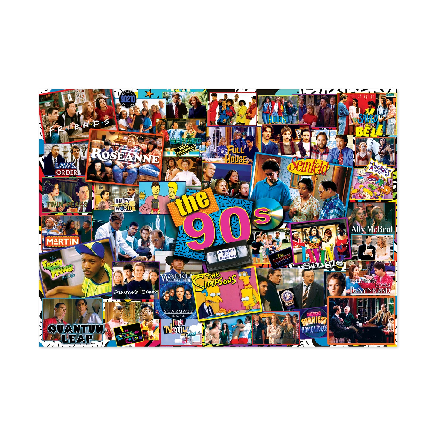 1000-piece jigsaw puzzle featuring a colorful collage of TV show scenes and logos from 1990s television programs including Friends, Roseanne, The Simpsons, Sein