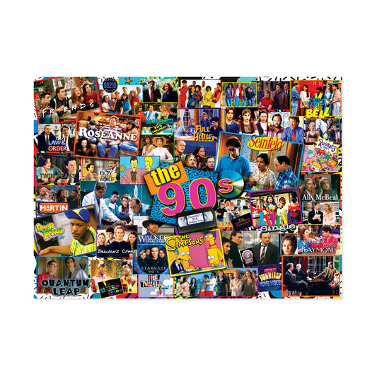 1000-piece jigsaw puzzle featuring a colorful collage of TV show scenes and logos from 1990s television programs including Friends, Roseanne, The Simpsons, Sein