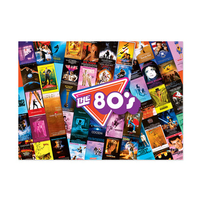 1980s movie posters collage with colorful film artwork surrounding a central orange and purple badge reading 'THE 80s'
