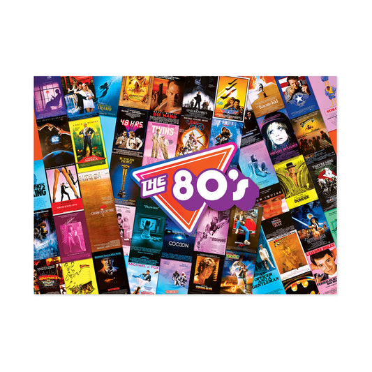 1980s movie posters collage with colorful film artwork surrounding a central orange and purple badge reading 'THE 80s'