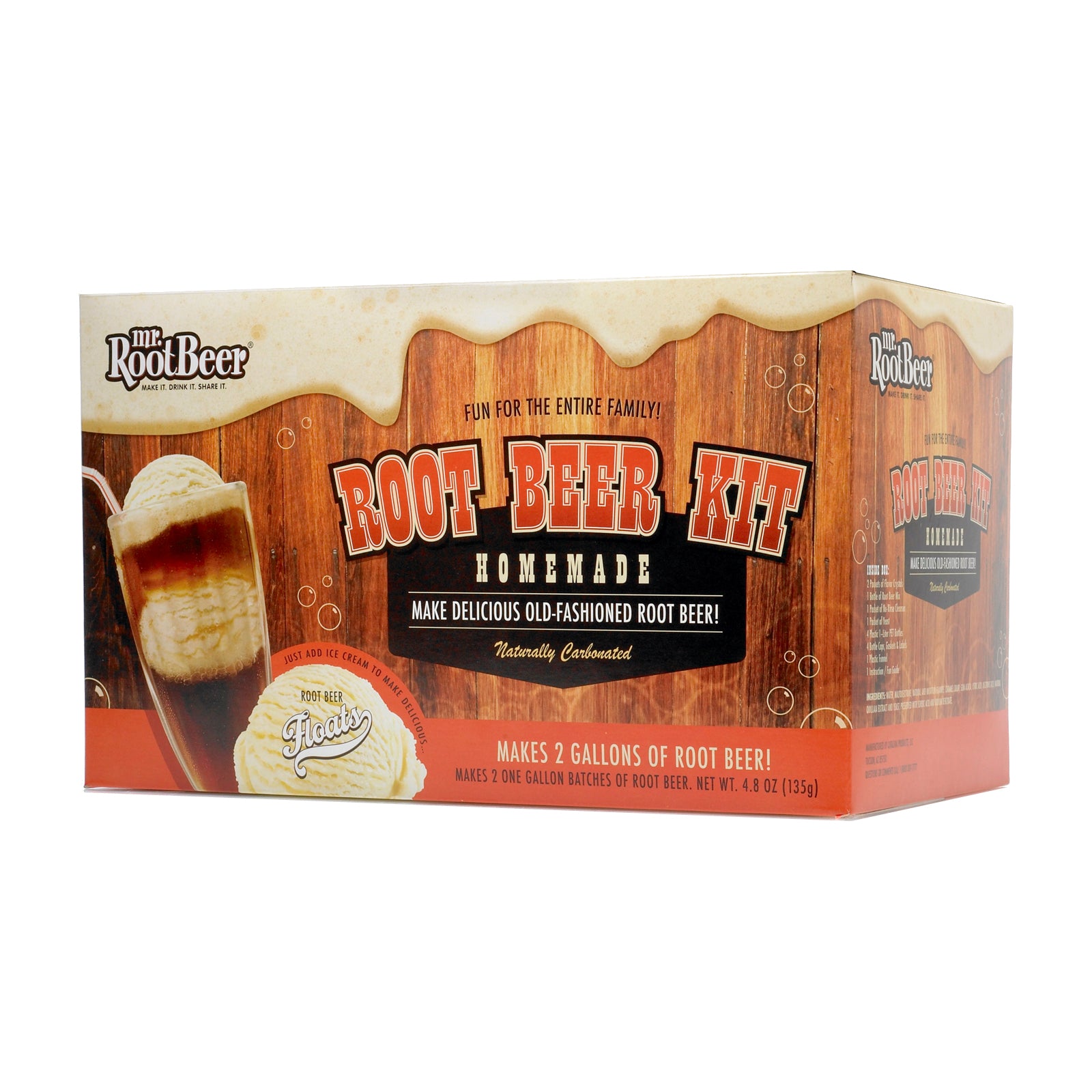 Mr. Root Beer Homemade Root Beer Kit box showing wooden design with root beer float image and ice cream, makes 2 gallons of naturally carbonated root beer