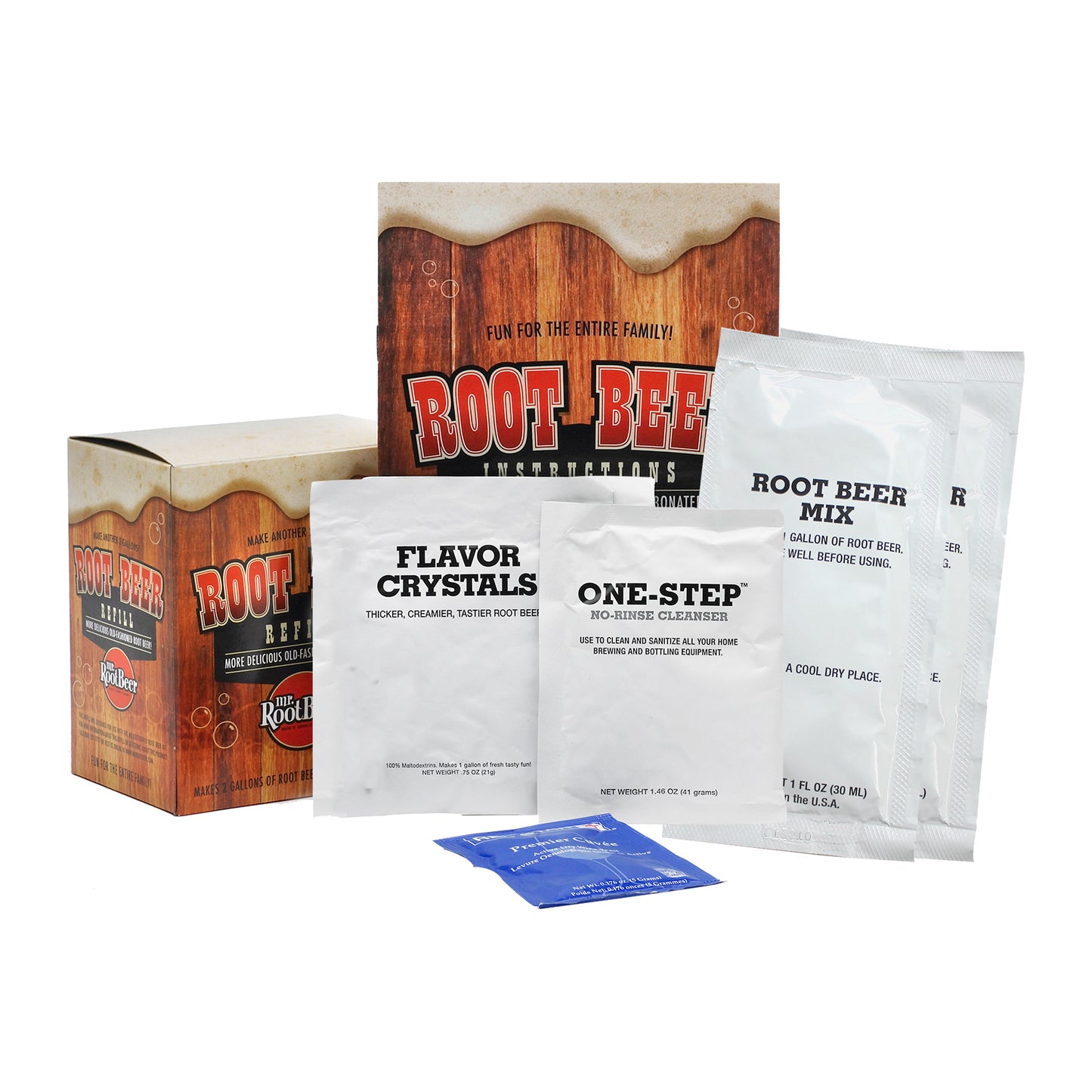 Root Beer Refill Kit contents displayed on plain background: cardboard box, Flavor Crystals packet, One-Step No-Rinse Cleanser packet, Root Beer Mix packet, and